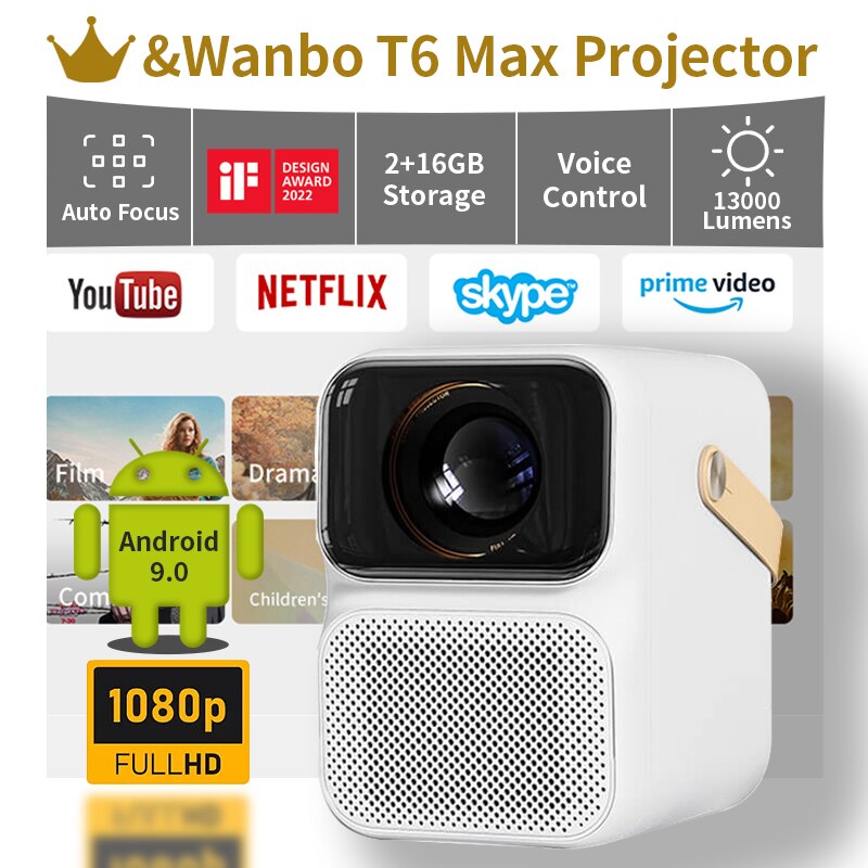 Wanbo ȵ̵ 9.0 ̴ , 650ANSI , 5G  Ȩ ó׸, 繫 Ȩ þͿ, 4K Ǯ HD 1080P, T6 MAX